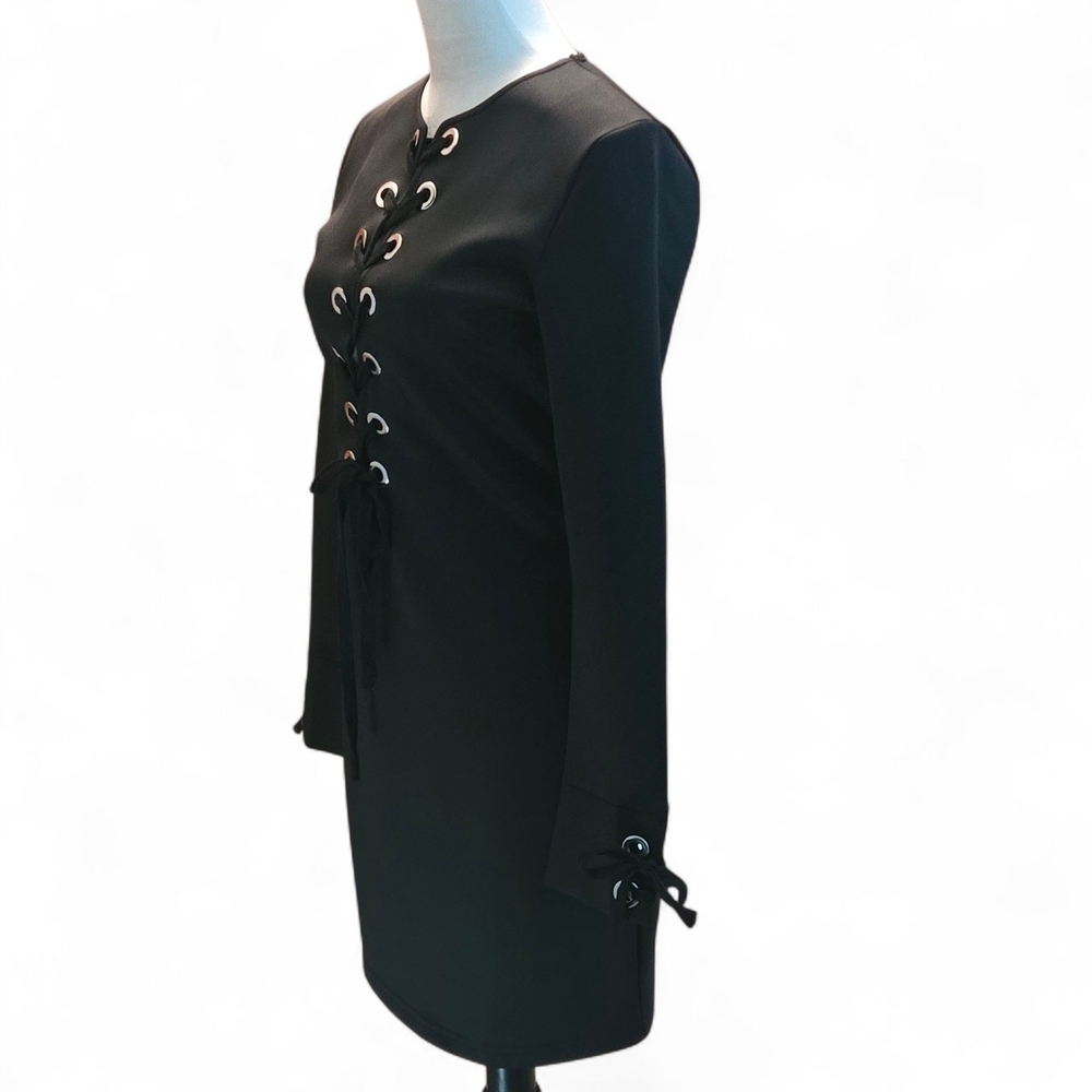 Sheilay Black Lace-Up Grommet Front Long Sleeve Mini Dress Women’s M Whimsigoth - Picture 2 of 12